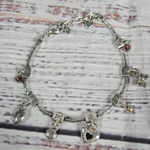 Brighton Sterling Silver Charm Bracelet Heart Cross Leaf Pearl